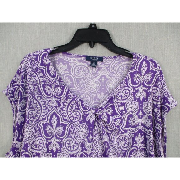 Chaps Womens 3X Purple & White Paisley V-Neck Short Sleeve Polyester Blend Top - Picture 2 of 7